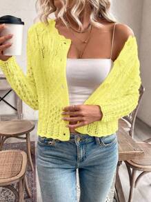 SHEIN PETITE Women's Round Neck Hollow Front Button Cardigan, Autumn/Winter Knitted Casual Spring Fall Cardigan - Yellow - View 5