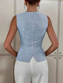 Siren Gaze 女士舒适棉质金属扣条纹印花吊带背心 - 淺藍色 - 查看 3