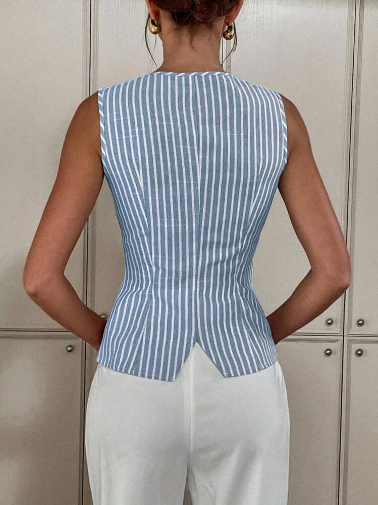 Siren Gaze 女士舒适棉质金属扣条纹印花吊带背心 - 淺藍色 - 查看 3