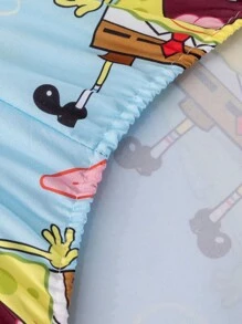 SpongeBob SquarePants | SHEIN 1 pieza Juego de sábana ajustada con estampado de dibujos animados, disponible en tallas para camas individuales/dobles/queen/king, suave, transpirable, cálido y lavable a máquina - Celeste - Ver 6