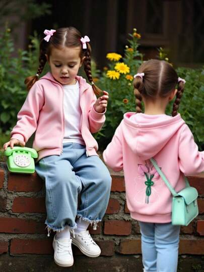 女童休闲粉色郁金香刺绣拉链连帽夹克，秋季