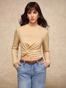 House of One Old Money Round Neck Twisted Long Sleeves Solid Knit Top Women Autumn Casual Wear Twist Front Top Fall Outfits Business Professional Women Business Casual Woman