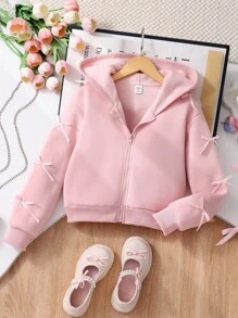 SHEIN 少女外套，纯色时尚蝴蝶结装饰卫衣，舒适加厚保暖连帽面料，袖口蝴蝶结装饰，青春活力少女风，适合返校或休闲户外穿着，秋冬季节。 - 粉色 - 查看 14