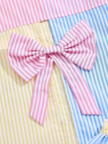 SHEIN Bộ 2 món cho bé gái tuổi teen, áo polo cổ bẻ tay dài kẻ sọc phối nơ và quần short kẻ sọc phối đồ, thích hợp mặc đi học, đại học hoặc mùa thu đông. - Hồng - Xem 5