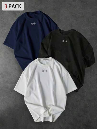 Manfinity Sport Corelite 3 piezas Camisetas deportivas de verano casuales y versátiles con estampado de mancuernas para hombres, camisetas atléticas, camisetas de gimnasio, camisetas de gimnasio oversize