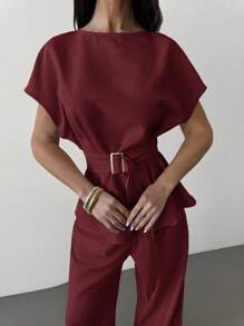 Firerie 春夏新款优雅杏色亚麻竹节领收腰系带上衣&高腰直筒阔腿裤通勤套装亚麻休闲套装度假套装