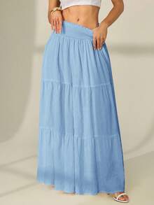 SHEIN Tall 女式纯色褶皱腰荷叶边下摆半身裙 - 淺藍色 - 查看 4