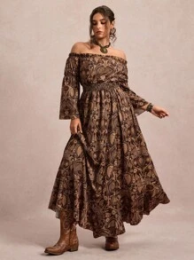 Freevana Váy dài tay trễ vai in họa tiết cổ điển cỡ lớn - Nhiều màu - Xem 7