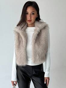 Aloruh 杏色简约百搭立领无袖仿皮草女式秋冬夹克 - 杏色 - 查看 2