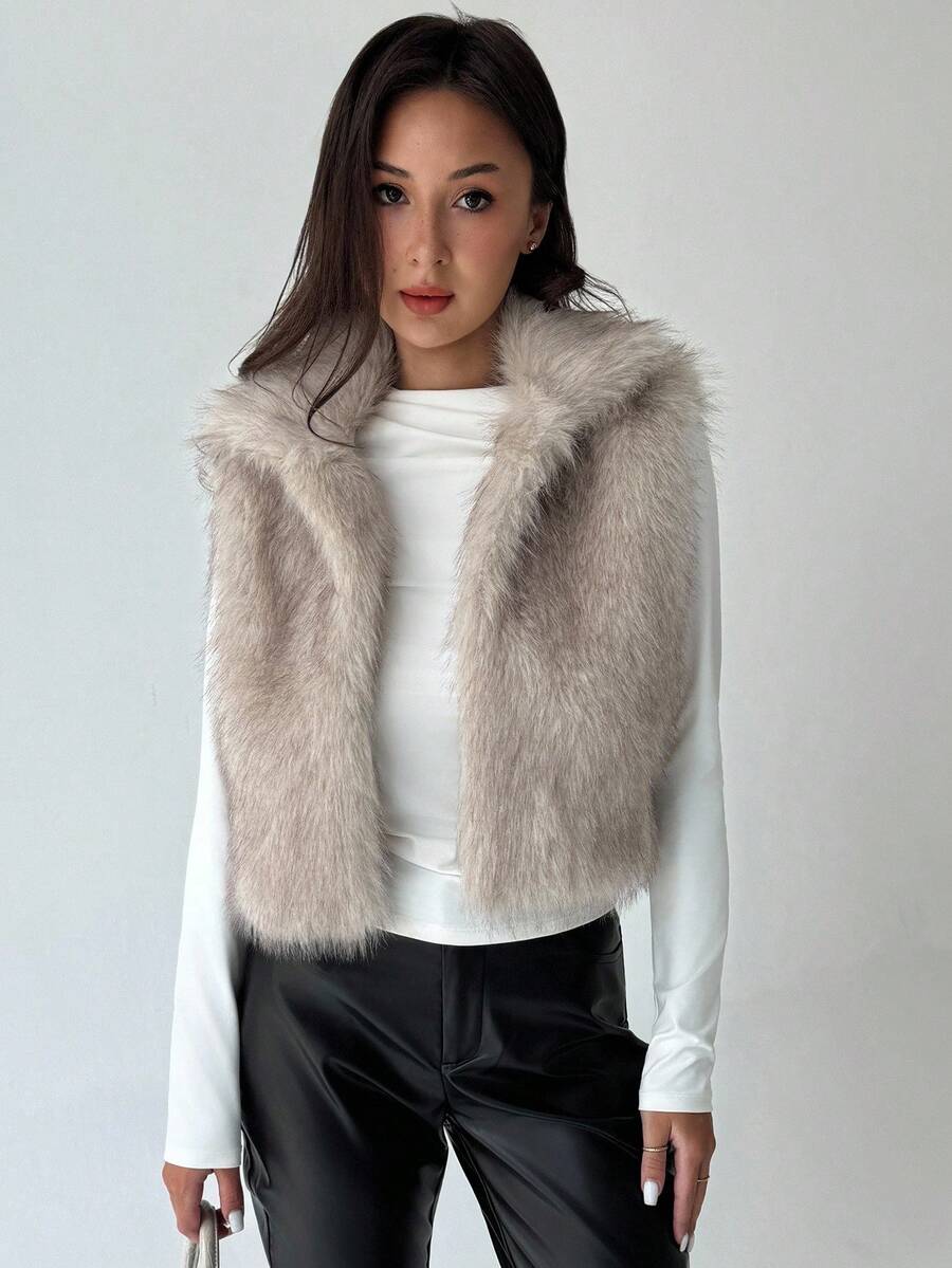 Aloruh 杏色简约百搭立领无袖仿皮草女式秋冬夹克