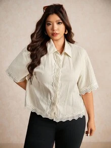 Elaquor 大码休闲蕾丝拼布长袖开衫衬衫 - 杏色 - 查看 3