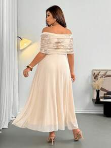 Firerie Plus Size Women's Elegant Delicate Romantic Wedding Guest Party Gown, Textured Fabric Off Shoulder Draped Ruffle Embroidered Mesh Maxi Dress, Summer - Apricot - View 2