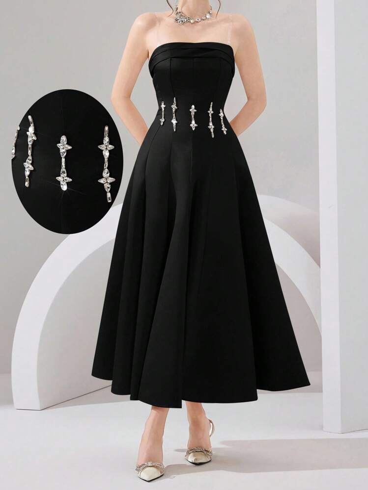 Poshira Women's Elegant Crystal Embellished Strapless Formal Gown,Sequin Off Shoulder Evening Dress For Gala,Birthday Dinner & Formal Occasions - Black - View 8