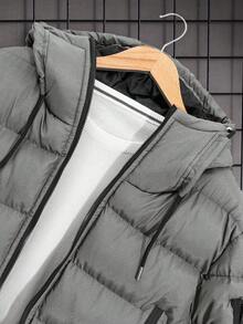 EURMUSE 男式纯色长袖前拉链抽绳连帽休闲冬季夹克 - 灰色 - 查看 5