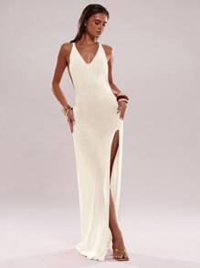 SHEIN BAE 女士海滩度假休闲波西米亚镂空设计连衣裙 - 杏色 - 查看 4