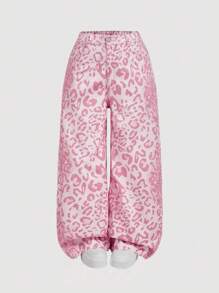 SHEIN MOD 大码女式豹纹口袋宽松阔腿休闲牛仔裤 - 粉色 - 查看 1