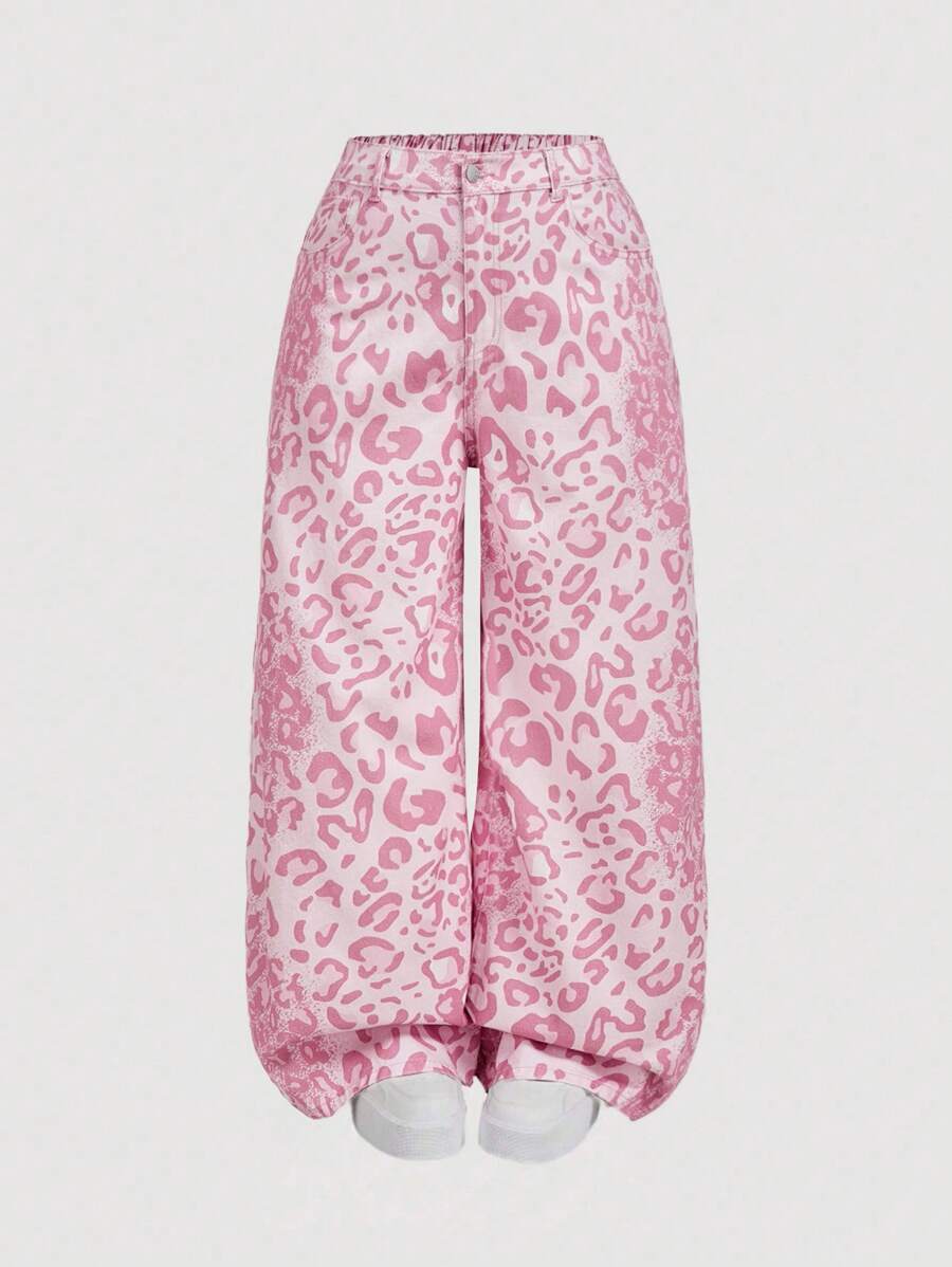 SHEIN MOD 大码女式豹纹口袋宽松阔腿休闲牛仔裤 - 粉色 - 查看 1