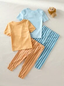 4pcs Toddler Boys' Cartoon Elephant & Tiger Print Short Sleeve Snug Fit Pajamas Set,Blue And Yellow Striped,Summer,Cute,Night Comfortable Homewear - Multicolor - View 4
