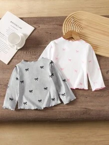 SHEIN Baby Girls' Fashion Bow Print Long Sleeve Ruffled Top, Spring & Autumn - Multicolor - View 3