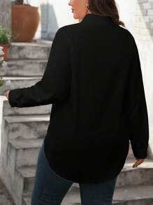 SHEIN 大尺碼女士長款衬衫，側開衩設計 - 黑色 - 查看 2
