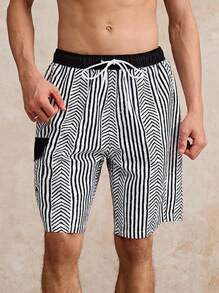 Surfspeed Men's Striped Drawstring Waist Cargo Pocket Beach Shorts - Black and White - View 3