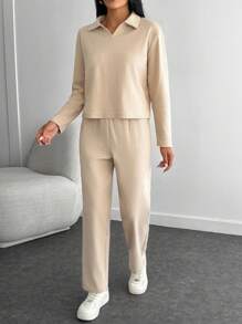 SHEIN Tall Großgrößen-Set mit Oversized T-Shirt mit Umschlagkragen und Hose - Beige - Übersicht 3