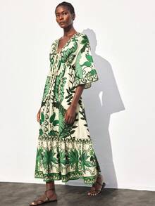 Maija 女式图腾印花 V 领褶饰长裙，百搭，适合城市通勤、商务、休闲、办公室、教师装，优雅，适合万圣节、圣诞派对、海滩度假 - 綠色 - 查看 4