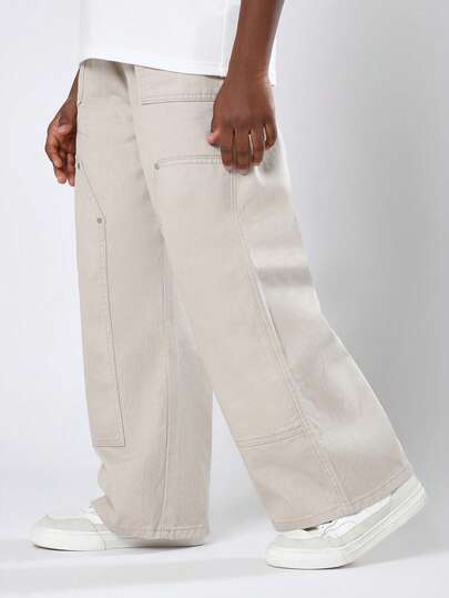 SUMWON 套穿式木匠宽腿裤，可调节腰部，加固膝盖，实用工作服，多个工具口袋，耐用棉质帆布