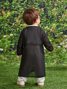 3pcs Baby Boy Summer Casual Elegant Black Mid-Length Robe, Including White Collared Short Sleeve Shirt And White Casual Pants 3-Piece Set, Suitable For Birthday Party, Evening Event, Performance, Wedding, Baby Shower, Christening And 1st Birthday Celebration