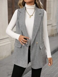 EMERY ROSE 女士纯色简约无袖西装外套，适合日常秋季穿着，包括女士西装外套、女士套装、商务休闲女装、秋季女装、教师装、办公室女装、教师制服、灰色西装外套。 - 黑與白 - 查看 8