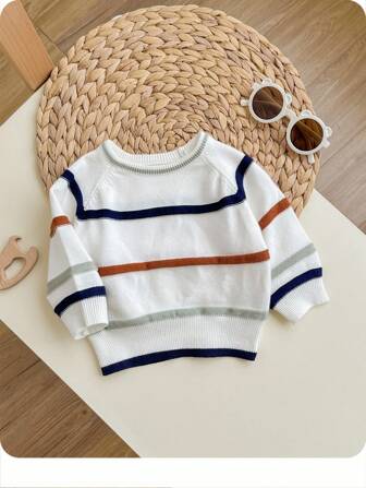 SHEIN Suéter de manga larga a rayas blanco y tejido versátil y lindo para bebé recién nacido niño/niña, otoño/invierno