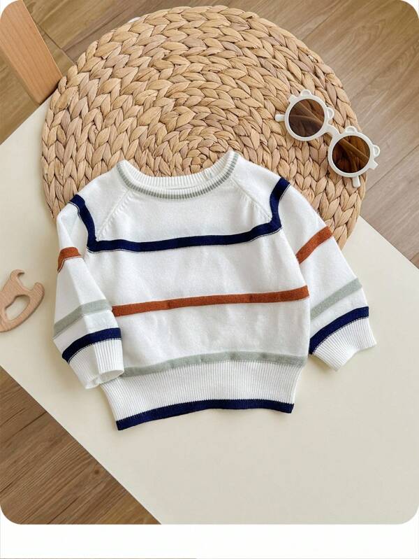 SHEIN Newborn Baby Boy/Girl Cute Versatile White Knitted Striped Long Sleeve Sweater, Autumn/Winter