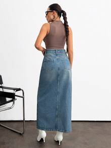 EURMUSE Women's High Waist Pocketed Slit Hem Long Denim Skirt Jean Skirt With Slit Jean Skirt Y2k Long Jean Skirt Split Denim Skirt - Medium Wash - View 2