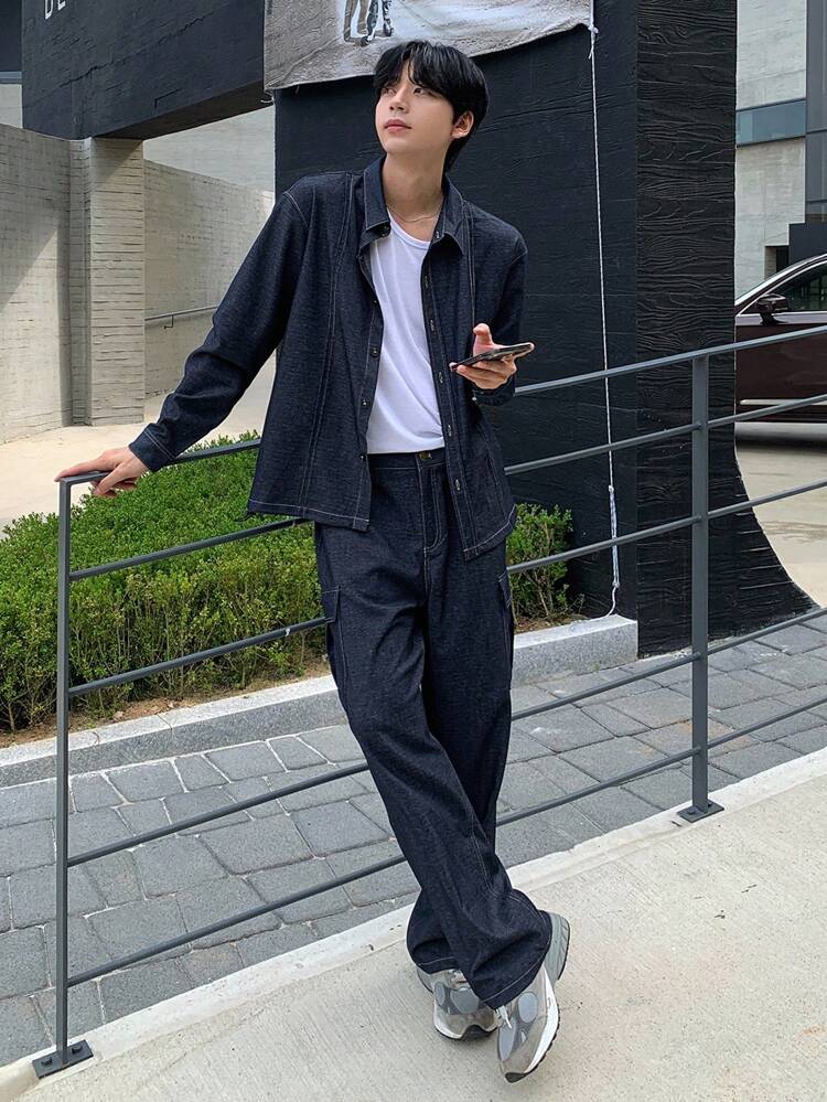 Navy Textured Fabric Men's Shirt And Cargo Pants Set, Autumn Business Attire