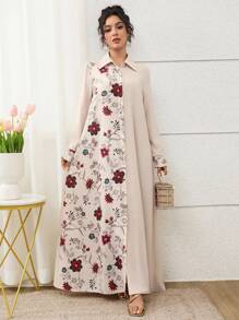 Al Najma 女士优雅浪漫拼布印花长袖阿拉伯风连衣裙 - 杏色 - 查看 3