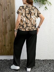 EMERY ROSE 大码女式休闲不对称条纹印花圆领短袖宽松裤两件套，适合夏季两件套休闲套装女式衬衫和裤子套装裤子和上衣套装阔腿裤套装抽象印花服装，女士假日服装