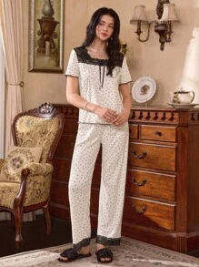 Côtesoire 法式休闲风黑色蕾丝蝴蝶结拼布波点印花柔软牛奶丝女士短袖睡衣套装 - 杏色 - 查看 4