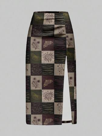 Fairycore Bohemian Vacation Romantic Sun & Moon Allover Print High Slit Skirt