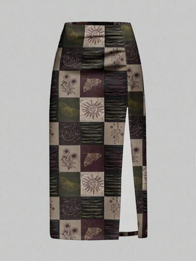 Fairycore Jupe fendue avec imprimé romantique soleil et lune, style bohème pour les vacances