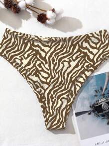 SHEIN Swim 2 件女士夏季海滩斑马纹比基尼泳裤，随机印花 - 米色 - 查看 3