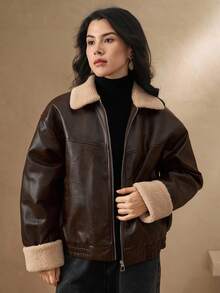 DAZY Áo khoác da mùa đông cho nữ có cổ màu tương phản thường ngày bằng da PU - Cà phê nâu - Xem 5