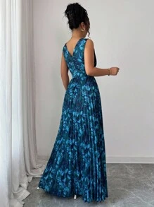 Elenzga 无袖 V 领腰部镂空 A 字形褶皱花卉优雅浪漫女士连衣裙 - 彩色 - 查看 2