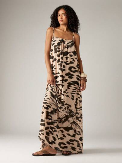 AiiRZ Leopard Print Maxi Dress Spaghetti Strap Loose Fit Trapeze Summer  Holiday Beach Resort Wear Flowy Long Dress With Animal Design Pattern Party  Wedding GuestMISSGUIDED