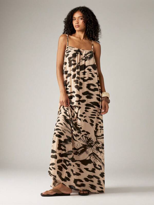  AiiRZ Leopard Print Maxi Dress Spaghetti Strap Loose Fit Trapeze Summer Holiday Beach Resort Wear Flowy Long Dress With Animal Design Pattern Party Wedding Guest