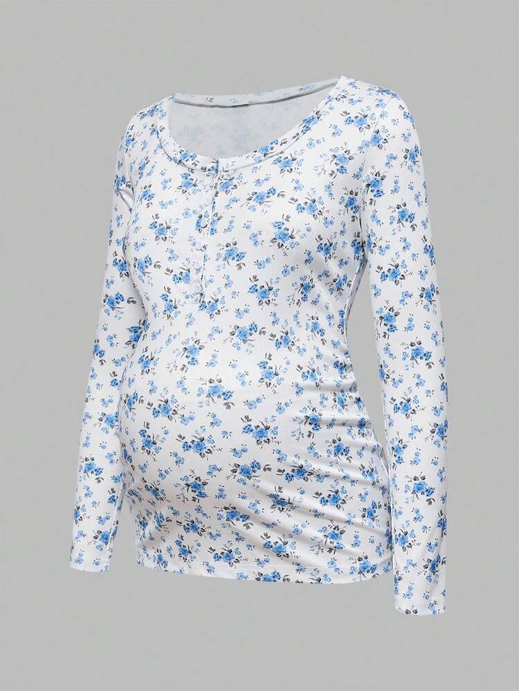 Modmama Autumn And Winter Casual Button-Up Long Sleeve Nursing Top - Blue and White - View 8