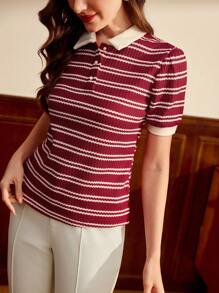 Vintamour Áo thun cổ bẻ cổ bẻ Jacquard thanh lịch cổ điển dành cho nữ, áo thun đi làm, áo thun đi chơi mùa hè dành cho nữ, áo thun nữ đi nghỉ, trang phục phương Tây dành cho nữ, trang phục công sở thường ngày dành cho nữ, trang phục mùa hè dành cho nữ, trang phục đi chơi dễ thương dành cho nữ, trang phục công sở dành cho nữ, trang phục nhà thờ dành cho nữ, trang phục mùa hè dành cho nữ, trang phục trở lại trường dành cho giáo viên, trang phục đi chơi dành cho nữ, trang phục mùa thu dành cho nữ, trang phục nhà thờ - Màu Đỏ Sâu - Xem 5