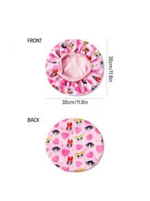 THE POWERPUFF GIRLS X SHEIN 双层升级护发帽，宽弹力缎面睡帽，柔软舒适，适合日常居家佩戴，粉色爱心和“花朵、泡泡和毛茛”图案 - 粉色 - 查看 6