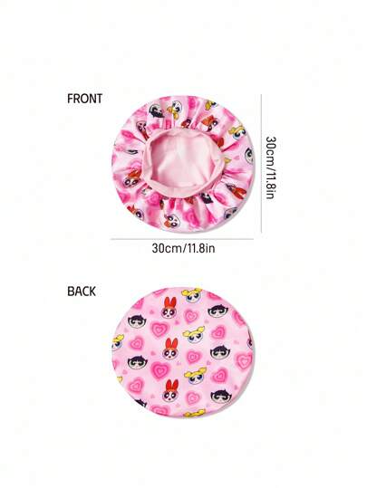 THE POWERPUFF GIRLS X SHEIN 2-Layer Upgraded Hair Care Cap, Wide Elastic Satin Sleeping Cap, Soft & Comfortable For Daily Home Wear, Pink Heart & "Blossom & Bubbles & Buttercup" Pattern,Y2K