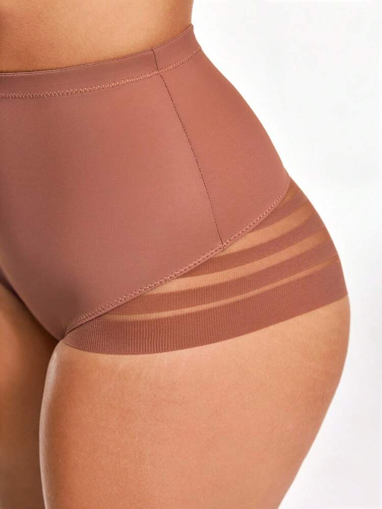 SHAPORA Women's Solid Color High Waist Patchwork Sheer Striped Shapewear Bottom - Rust Brown - View 5