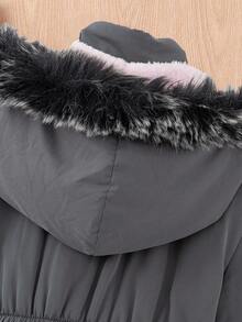 女童休闲装饰连帽束腰派克大衣，适合冬季穿着；女童冬季外套；女童带帽冬季外套；女童灰色冬季外套；女童灰色派克大衣；粉色保暖内衬冬季外套，适合秋季穿着。 - 灰色 - 查看 6